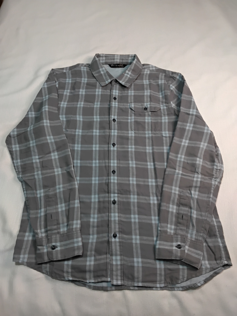 Travis Mathew Gray and Light Blue Plaid Long‑Sleeve Button‑Down Mens Sz L.